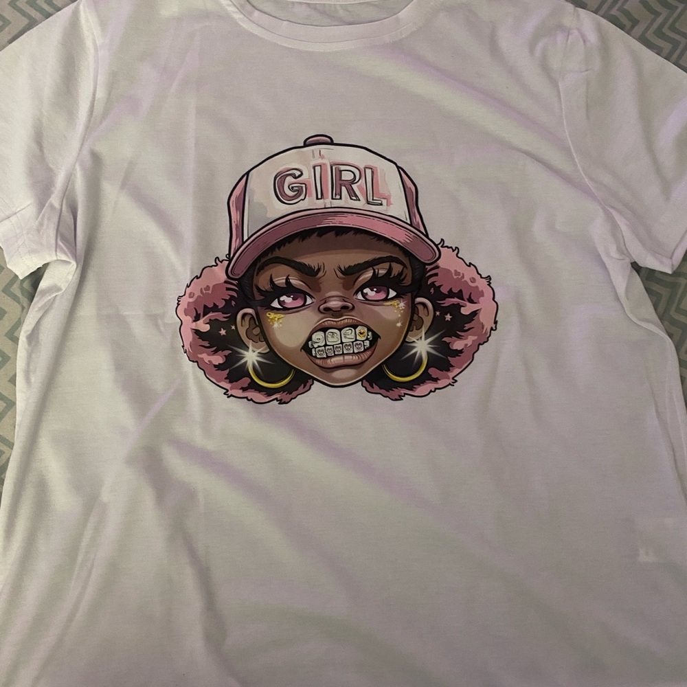 White T-Shirt with Pink Graphic Design